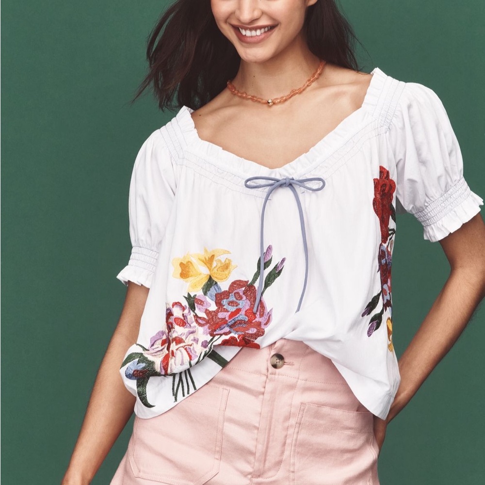 Anthropologie White Floral Blouse